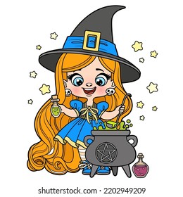 Cute cartoon long haired girl in Halloween witch dress brews a potion in a cauldron color variation for coloring page on white background