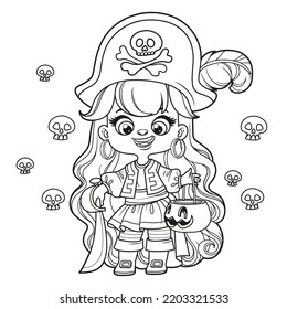 Cute cartoon long haired girl in Halloween pirate dress with bucket pumpkin for trick or treat outlined for coloring page on white background