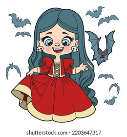 Cute cartoon long haired girl in a Halloween vampire costume with bats around color variation for coloring page on white background