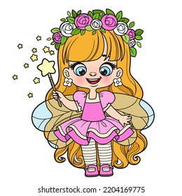 Cute cartoon long haired girl fairy with magic wand color variation for coloring page on white background