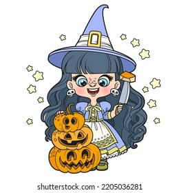 Cute cartoon long haired girl in Halloween witch dress with pumpkin lantern and knife color variation for coloring page on white background