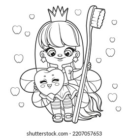 Cute cartoon long haired girl tooth fairy with big tooth and a toothbrush outlined for coloring page on white background