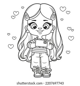 Cute cartoon long haired girl taking photos with a smartphone outlined for coloring page on a white background