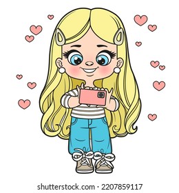 Cute cartoon long haired girl taking photos with a smartphone color variation for coloring page on a white background