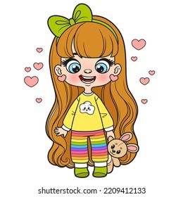 Cute cartoon long haired girl in pajamas and with a soft bunny in hand color variation for coloring page on white background
