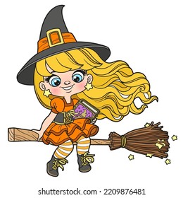 Cute cartoon long haired girl in Halloween witch dress with spells book flies on a broomstick color variation for coloring page on white background