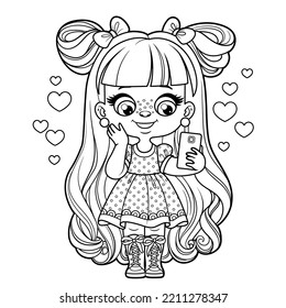 Cute cartoon long haired girl talking on the phone outlined for coloring page on a white background