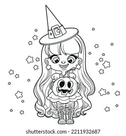 Cute cartoon long haired girl in a Halloween witch costume with pumpkin outlined for coloring page on white background