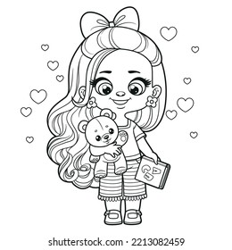 Cute cartoon long haired  girl with book ABC and teddy bear in hands outlined for coloring page on a white background