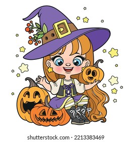 Cute cartoon long haired girl in a Halloween witch costume sit on the pumpkin color variation for coloring page on white background