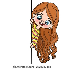 Cute cartoon long haired girl peeking out from behind a big white poster color variation for coloring page on a white background