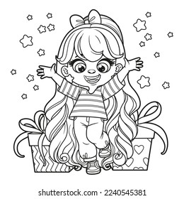 Cute cartoon long haired girl with gifts outlined for coloring page on a white background
