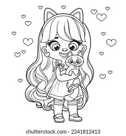 Cute cartoon long haired girl with cat in hands coloring page on white background