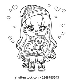 Cute cartoon long haired girl with toy penguin in hands and winter clothes outlined for coloring page on a white background