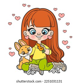 Cute cartoon long haired girl feeding the orange rabbit carrots color variation for coloring page on white background 