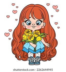 Cute cartoon long haired girl holds in hands a large spring bouquet of tulips color variation for coloring page on white background