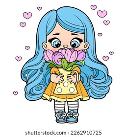 Cute cartoon long haired girl holds holding a bouquet of tulips in a jug color variation for coloring page on white background