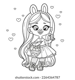 Cute cartoon long haired  girl with bunny ears and basket hold a chicken in hand outlined for coloring page on white background