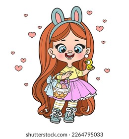 Cute cartoon long haired  girl with bunny ears and basket hold a chicken in hand color variation for coloring page on white background