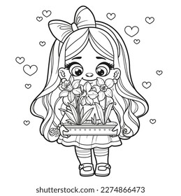 Cute cartoon long haired girl holds in hands a long pot with daffodils outlined for coloring page on white background