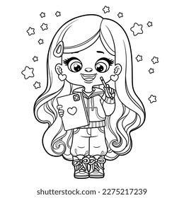 Cute cartoon long haired girl with electronic tablet and pencil outlined for coloring page on white background