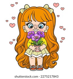Cute cartoon long haired girl holds a crocus in pot  color variation for coloring page on white background