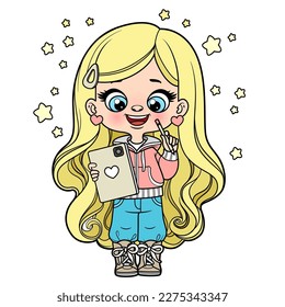 Cute cartoon long haired girl with electronic tablet and pencil color variation for coloring page on white background