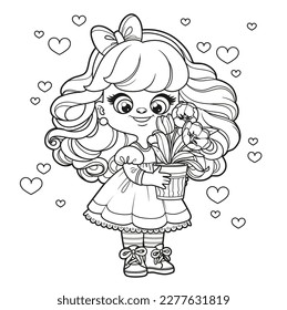 Cute cartoon long haired girl holds in hands a large pot with tulips outlined for coloring page on white background