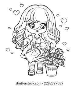 Cute cartoon long haired girl watering flowers from a watering can outlined for coloring page on white background