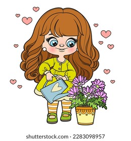 Cute cartoon long haired girl watering flowers from a watering can color variation for coloring page on white background