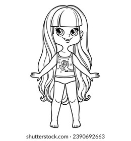 Cute cartoon long haired girl dressed in underwear outline for coloring on a white background