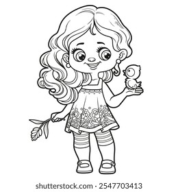 Cute cartoon long haired girl holding a chicken in palm coloring page on white background. Image produced without the use of any form of AI software at any stage.