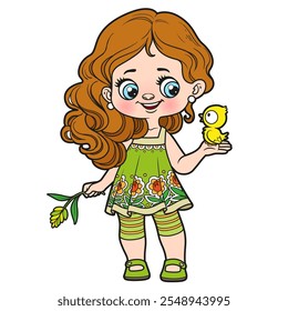 Cute cartoon long haired girl holding a chicken in palm on white background. Image produced without the use of any form of AI software at any stage.