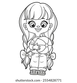 Cute cartoon long haired girl with big toy ball in hands outlined for coloring page on a white background. Image produced without the use of any form of AI software at any stage.