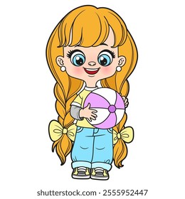 Cute cartoon long haired girl with big toy ball in hands on a white background. Image produced without the use of any form of AI software at any stage.