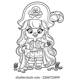 Cute cartoon long haired pirate girl with saber and gold coins outlined for coloring page on white background