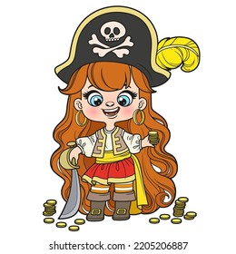 Dibujo lindo niña pirata de pelo largo con variación de color de sable y monedas de oro para página de color sobre fondo blanco