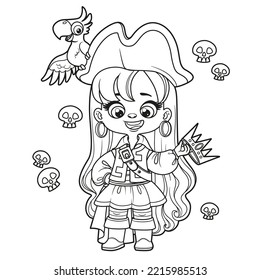 Cute cartoon long haired pirate girl with gold crown in hand and parrot on hat outlined for coloring page on white background