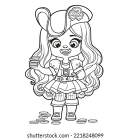 Cute cartoon long haired pirate girl in hat with skull brooch and gold coins in hand outlined for coloring page on white background