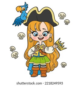 Cute cartoon long haired pirate girl with gold crown in hand and parrot on hat color variation for coloring page on white background