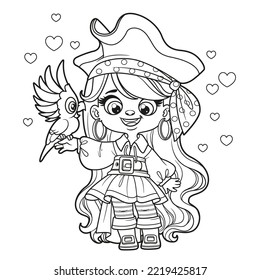 Cute cartoon long haired pirate girl with  parrot on hand outlined for coloring page on white background