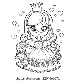 Cute cartoon long haired princess girl outlined for coloring page on white background