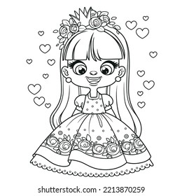 Cute cartoon long haired princess girl in ball dress outlined for coloring page on white background