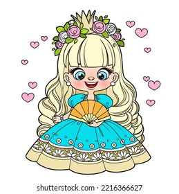 Cute cartoon long haired princess girl in ball dress with a fan color variation for coloring page on white background