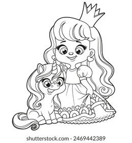 Cute cartoon long haired princess girl with baby unicorn outlined for coloring page on white background. Image produced without the use of any form of AI software at any stage