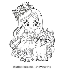 Cute cartoon long haired princess girl with unicorn outlined for coloring page on white background. Image produced without the use of any form of AI software at any stage