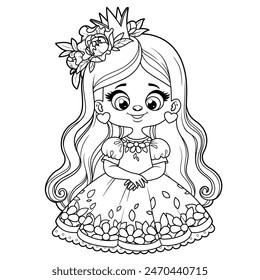 Cute cartoon long haired princess girl in ball dress with flower in hair outlined for coloring page on white background. Image produced without the use of any form of AI software at any stage