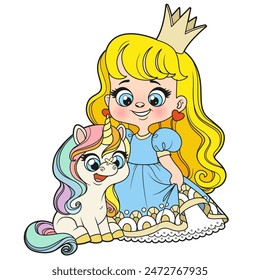 Cute cartoon long haired princess girl with baby unicorn color variation on white background. Image produced without the use of any form of AI software at any stage.