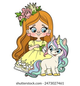 Linda niña de la princesa del pelo largo de la historieta con la variación del color del unicornio en el fondo blanco. Imagen producida sin el uso de ningún tipo de software de IA en ninguna etapa.