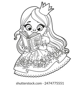 Cute cartoon long haired princess girl read a book outlined for coloring page on white background. Image produced without the use of any form of AI software at any stage